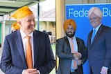 Side by side photos of Anthony Albanese wearing an orange scarf on his head and Scott Morrison wearing a turban