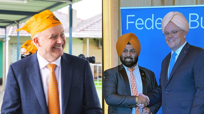 Side by side photos of Anthony Albanese wearing an orange scarf on his head and Scott Morrison wearing a turban