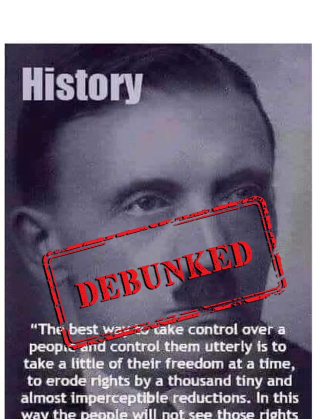 Facebook post claiming to show a quote from Adolf Hitler, with a red debunked stamp overlayed