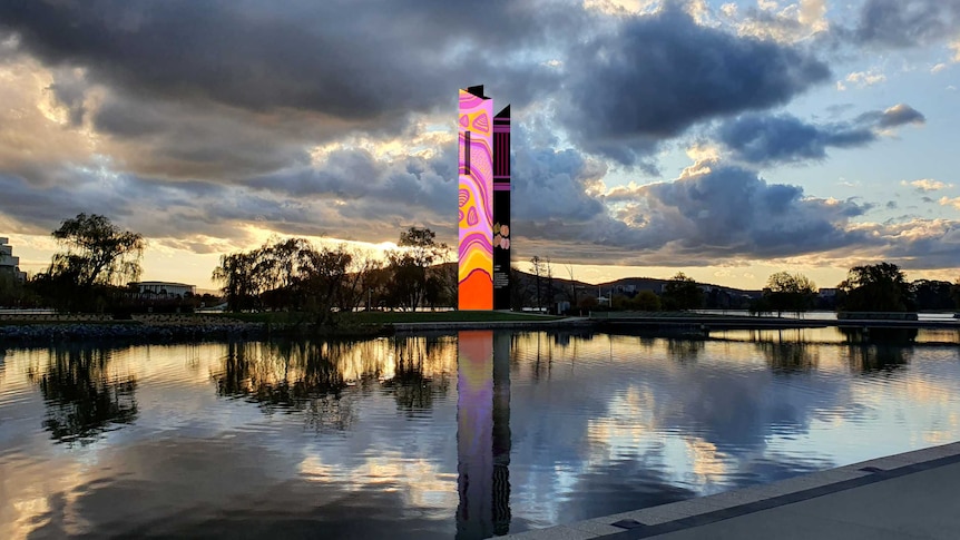 Artworks by ACT artist Krystal Hurst projected onto the Carillion in Canberra for NAIDOC week.