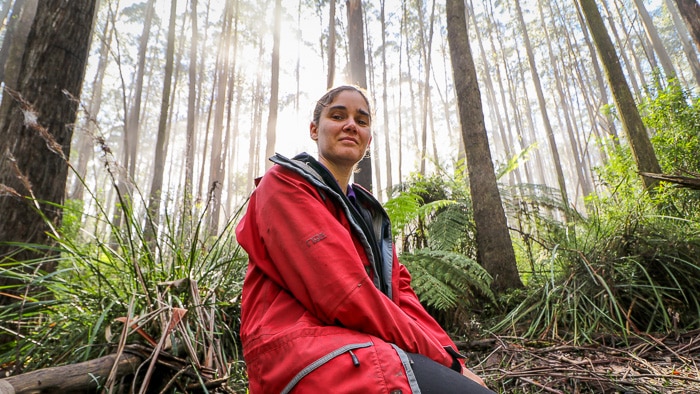 Woman sits on a log and looks down at the camera in the forest.