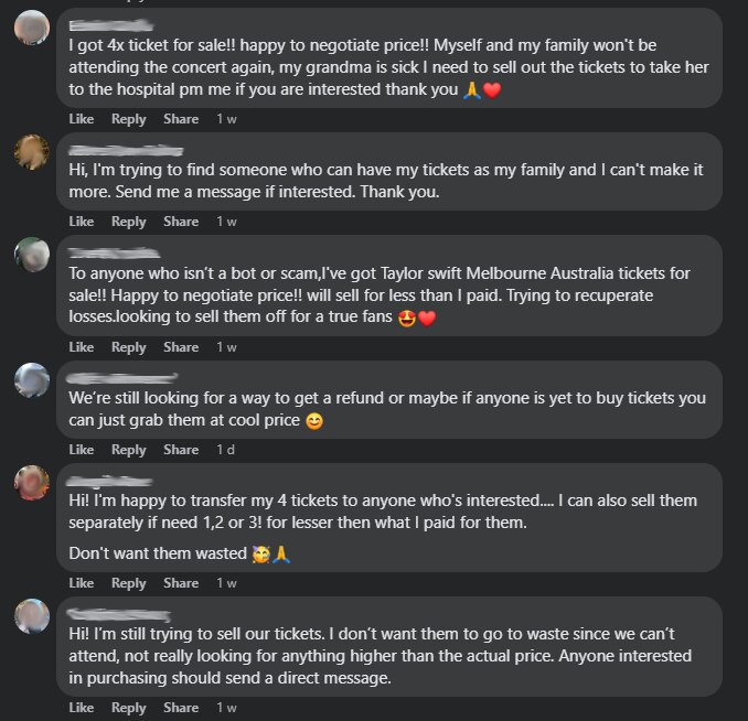 A thread of facebook commenters trying to sell tickets