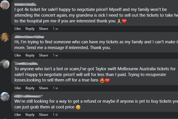 A thread of facebook commenters trying to sell tickets