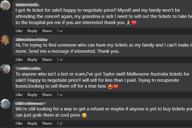 A thread of facebook commenters trying to sell tickets