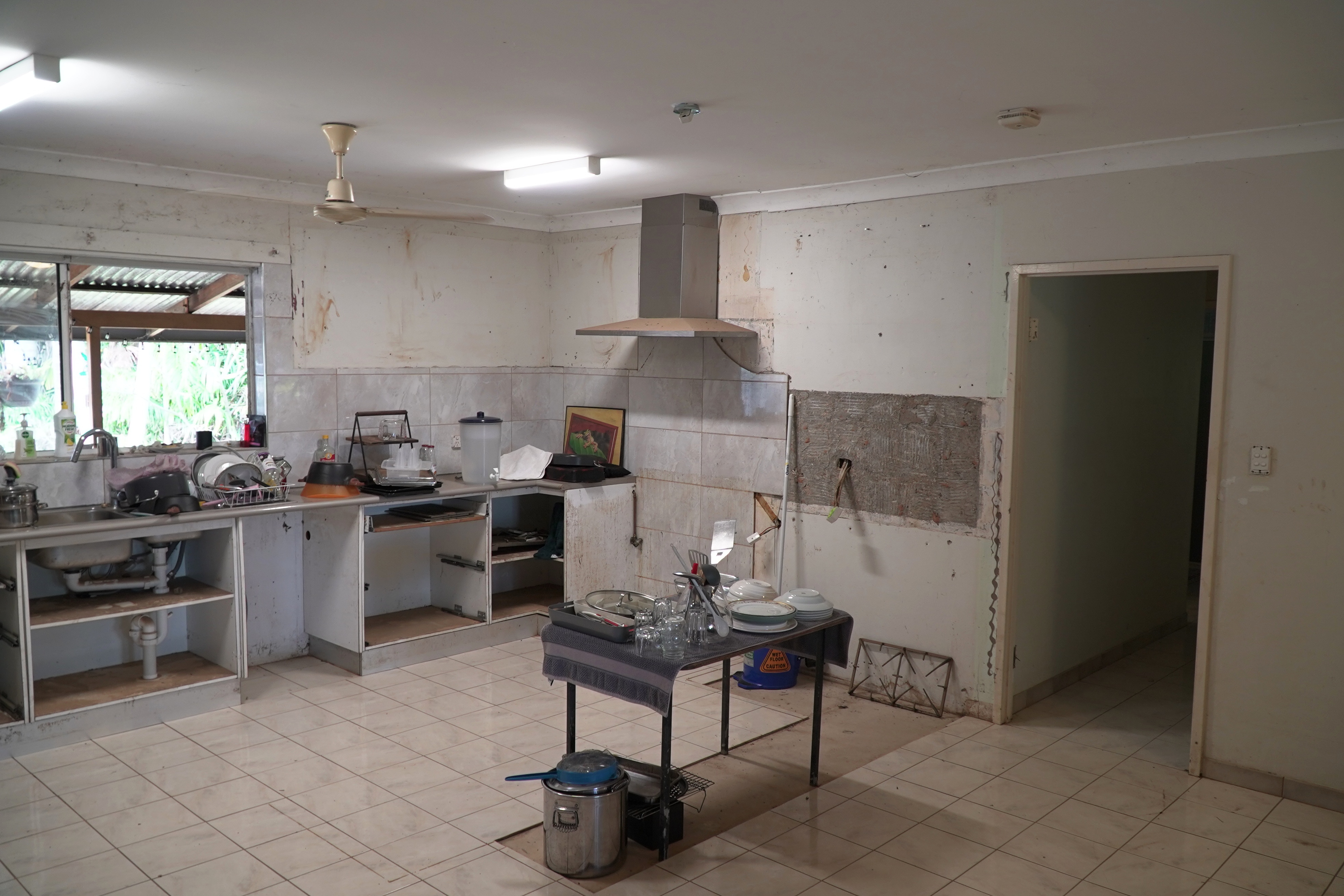 A flood-damaged kitchen.