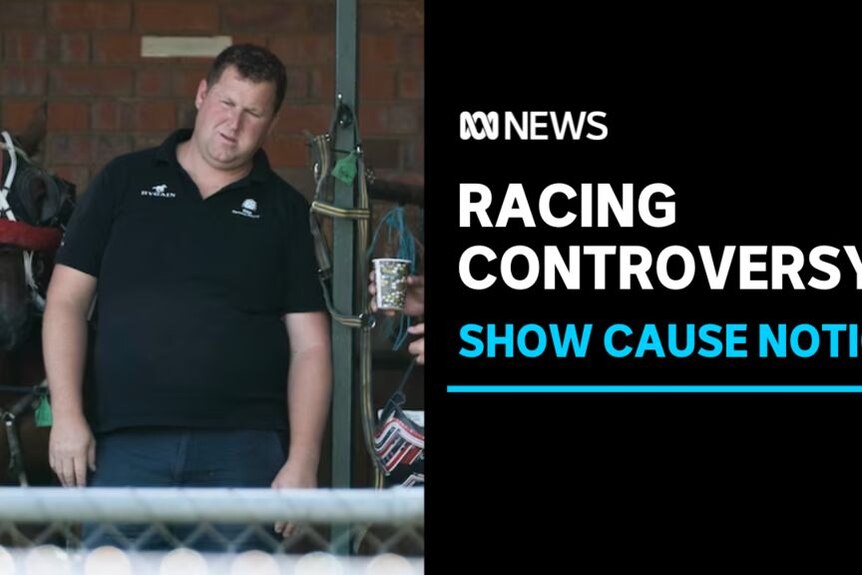 Racing Controversy, Show Cause Notice: A man in a stable with a horse behind him.