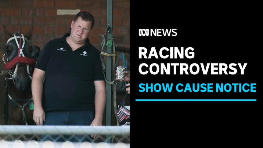 Racing Controversy, Show Cause Notice: A man in a stable with a horse behind him.