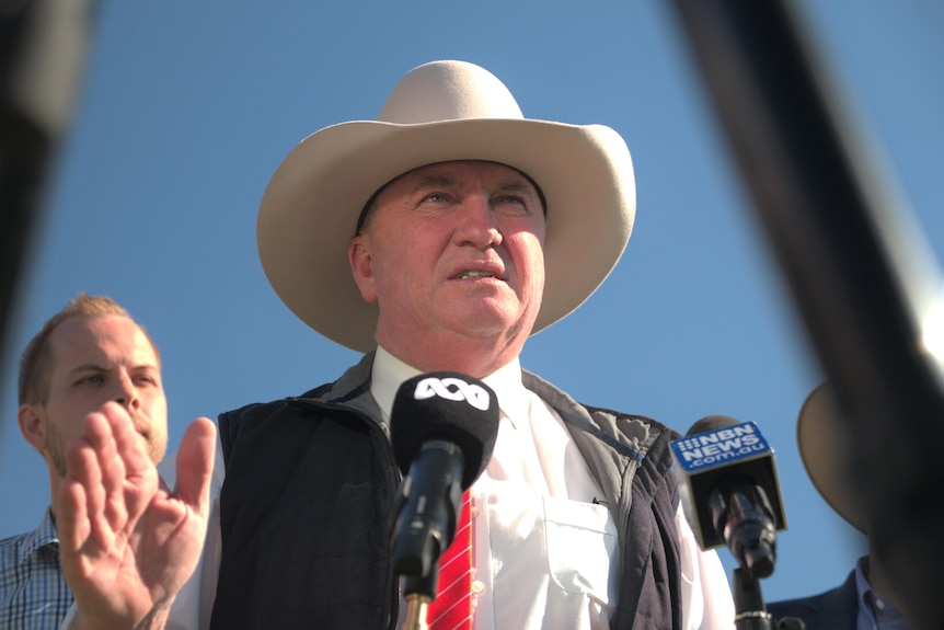 low angle shot of Deputy Prime Minister Barnaby Joyce speaking at a press conference
