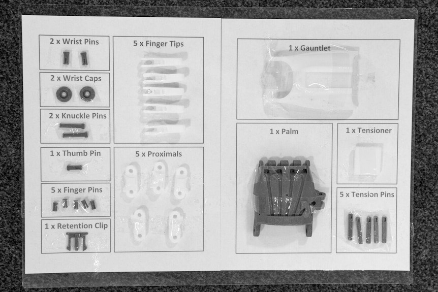 Parts used to build a replica of the prosthetic hand for the National Library of Australia.