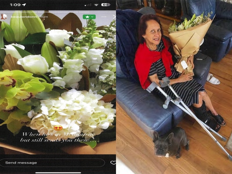 a composite image of a post of a bouquet of flowers and a woman holding white flowers