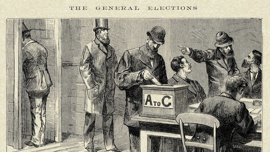 A vintage illustration of a polling booth showing men in period suits and hats going about voting.