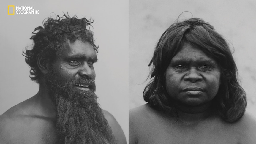 Two black and white photos, side by side of an Indigenous Australian man and woman.