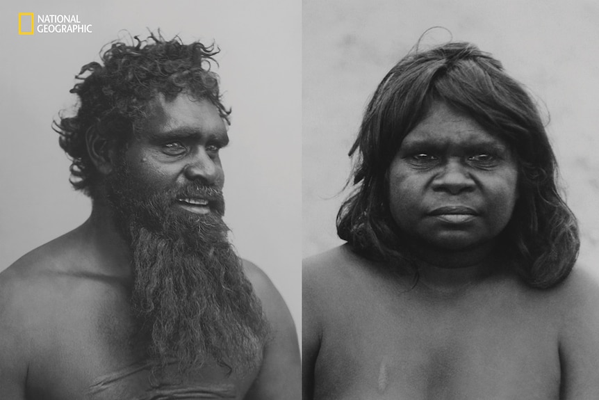 Two black and white photos, side by side of an Indigenous Australian man and woman.