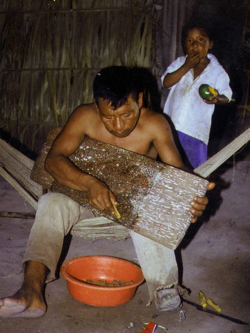 A man grates Ayahuasca for use.