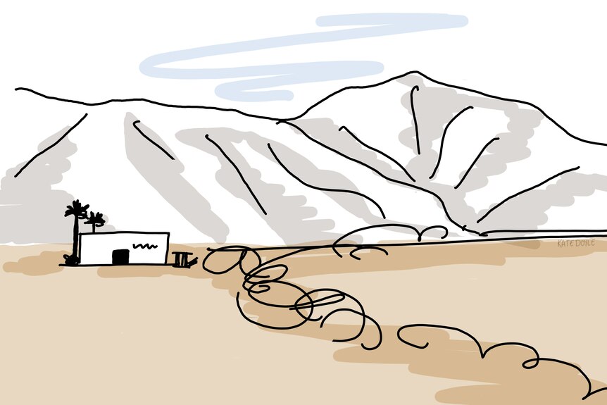 Drawing of small palm tree surrounded building in desolate valley. 