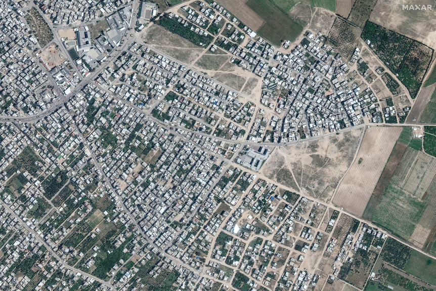 Immagine satellitare della città palestinese di Beit Hanoun nel nord della Striscia di Gaza il 1 maggio 2023.