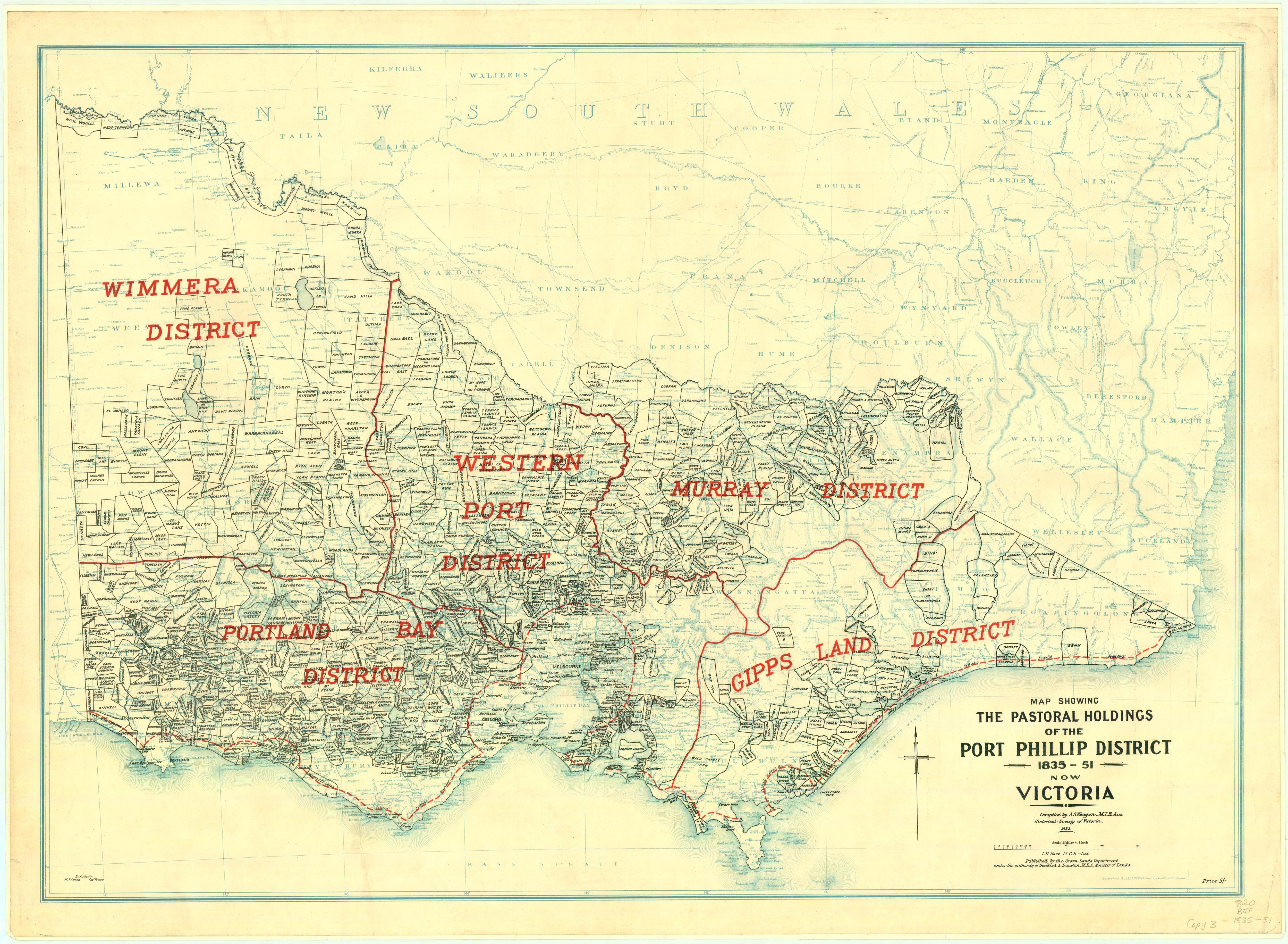 A map showing smaller boundaries within Victoria which are the pastoral holdings.