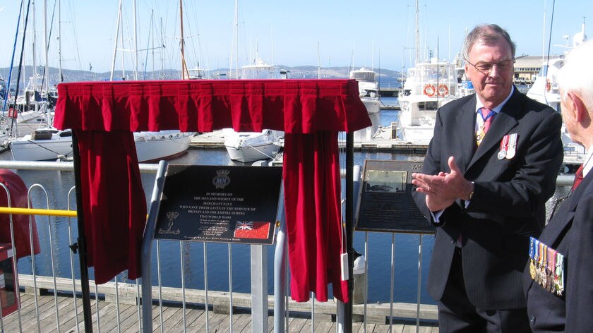 Merchant Navy day plaque unveiled on Hobart waterfront by the Governor Peter Underwood