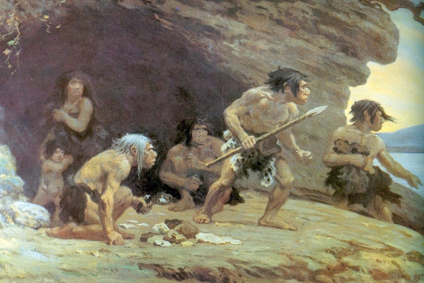 Painting of a Neanderthal family by Charles R Knight (1920)