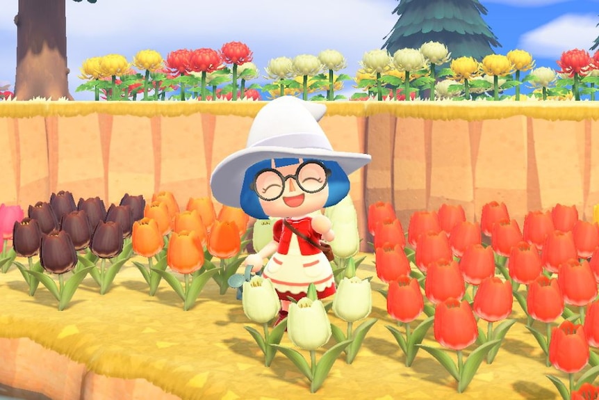 A screenshot from Animal Crossing of a girl surrounded by many different coloured flowers