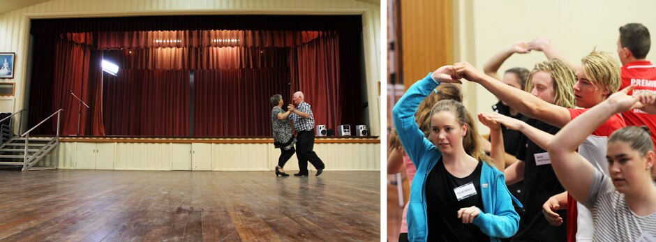 Composite image: an older couple dance in front of a stage, and a group of teenagers learning dance steps.