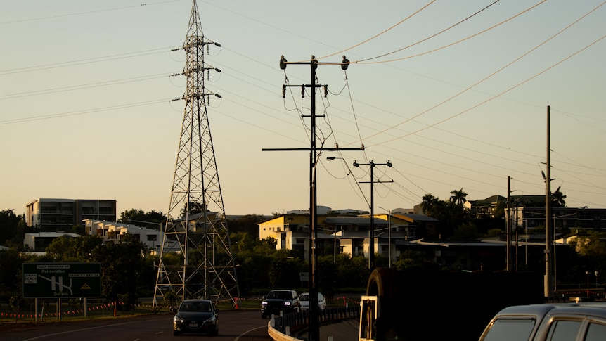 Powerlines seen at dusk in Darwin.