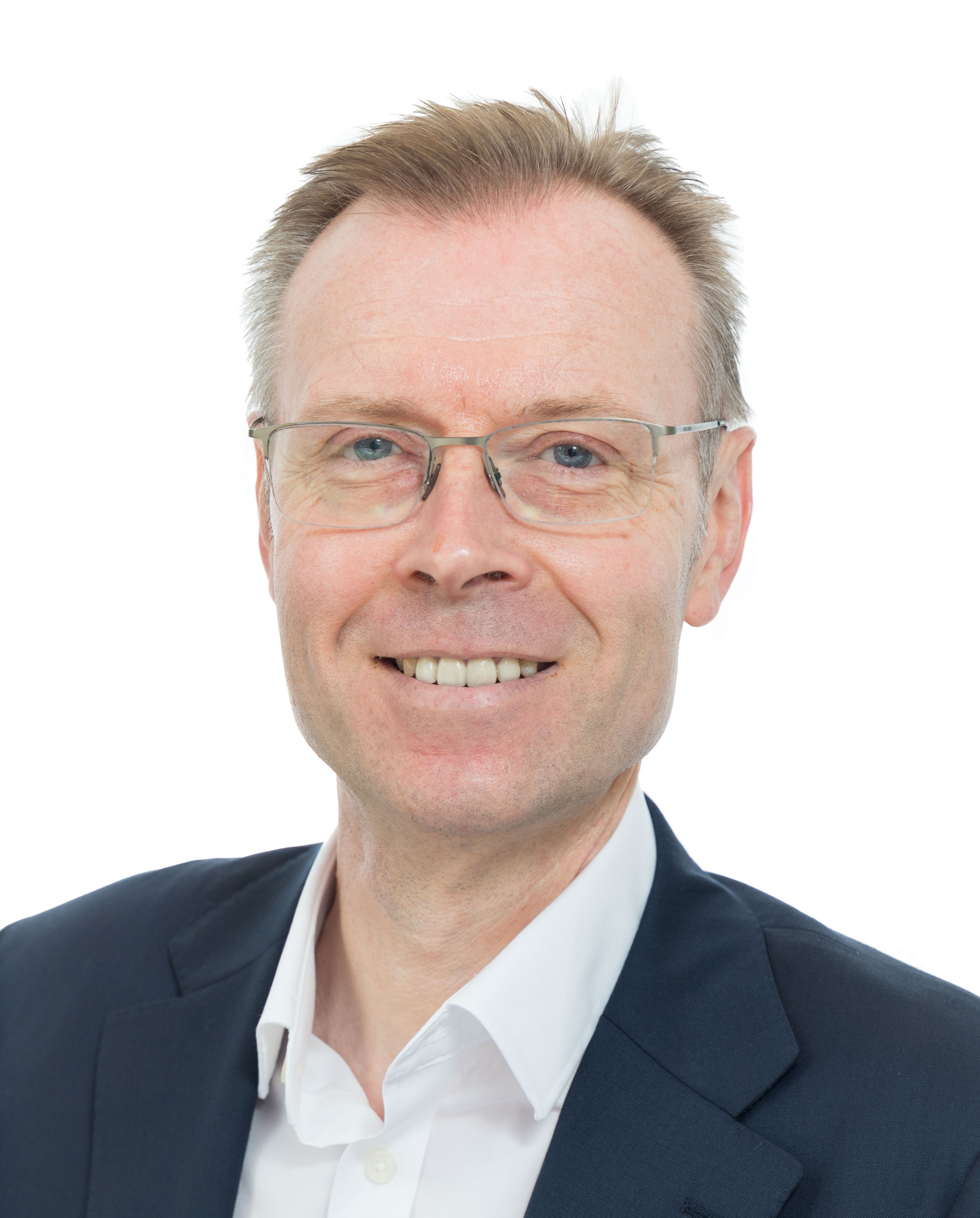 A close up of a man in glasses with a white background.