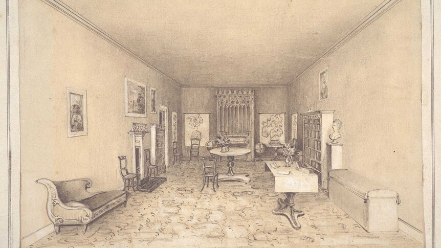 The drawing room with organ, 'Bishopstowe', Hobart Town, 1845.