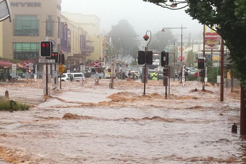 Margaret Street in Toowoomba is swallowed by floodwaters