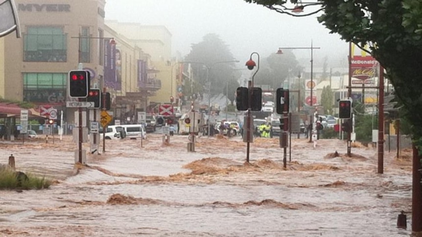 Margaret Street in Toowoomba is swallowed by floodwaters