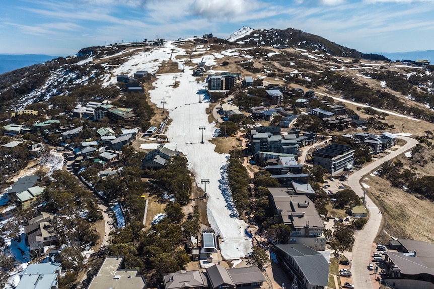 Patchy snow on the roads of Mount Buller resort.