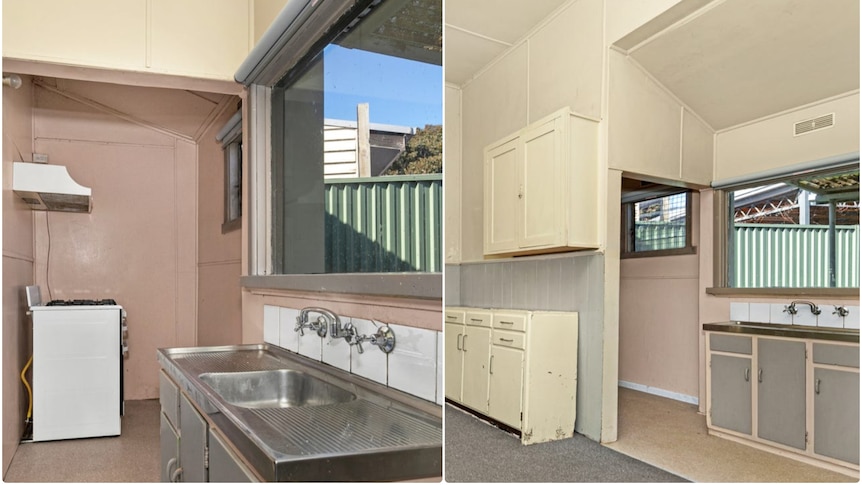 Two photos on the left an oven stove in a nook room beside a sink and right cupboards. 