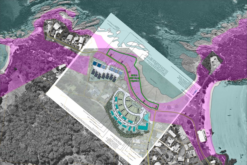 Map showing crown land in pink, with proposed development super-imposed.