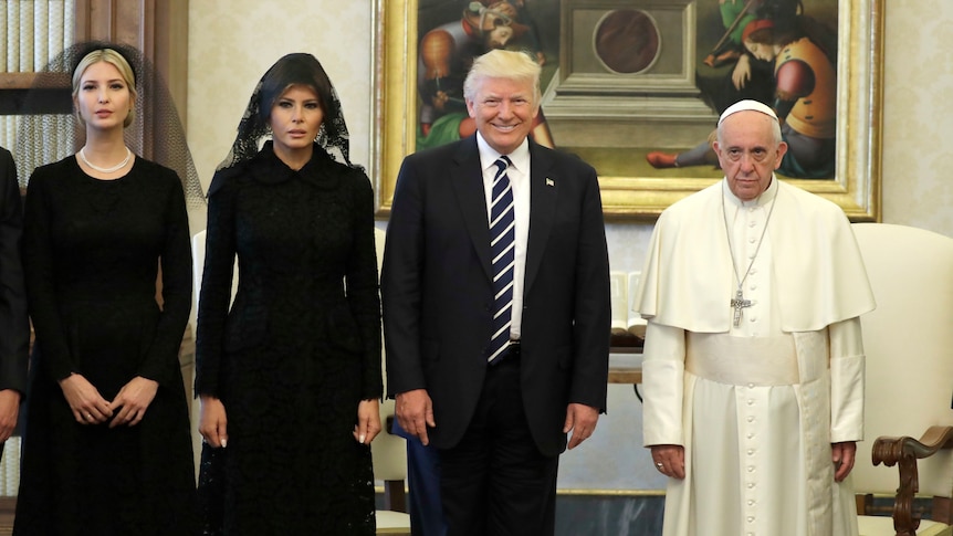 US President Donald Trump, first lady Melania Trump and daughter Ivanka Trump, left, meet with Pope Francis.