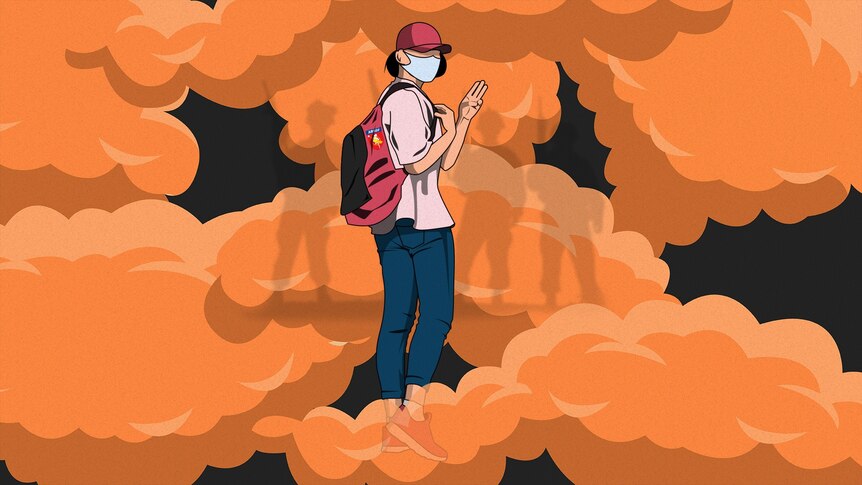 Illustration of student with backpack surrounded by orange tear gas clouds.
