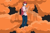 Illustration of student with backpack surrounded by orange tear gas clouds.
