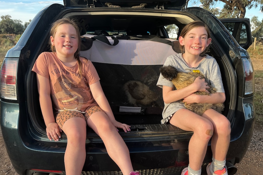 Marleah Sloane and Mckenzie O'Rourke from Mildura have loaded their chickens into the car 
