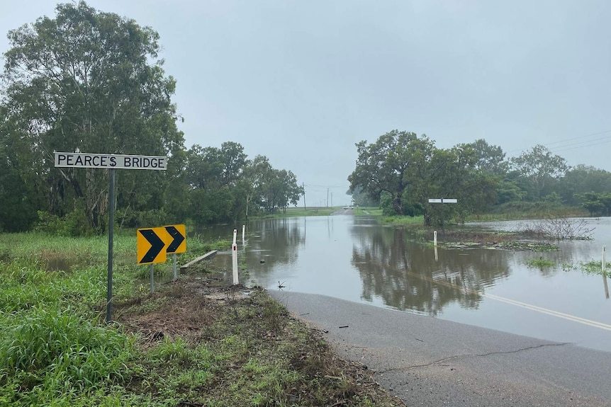 Floodwater over the road at Pearce's Bridge in the Burdekin.