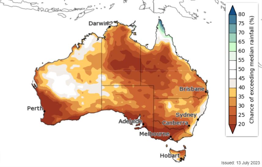 A map showing expected weather conditions in Australia in the latter months of 2023.