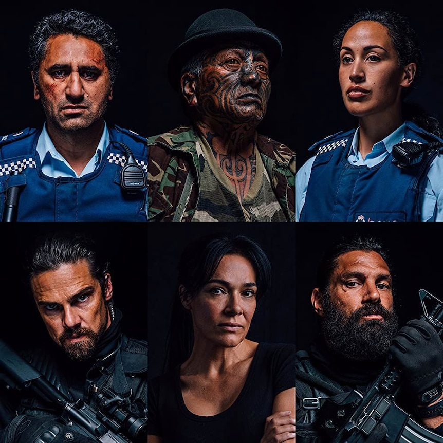 Headshots of six people, two dressed in NZ police uniforms, two holding assault rifles, two women, four men