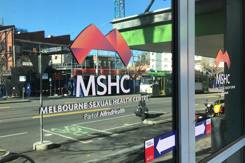 The sign on the window outside the Melbourne Sexual Health Centre.