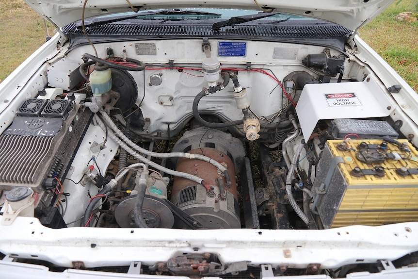 The open front boot of a converted electric car