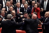 politicians fighting  and pushing each other in parliament.