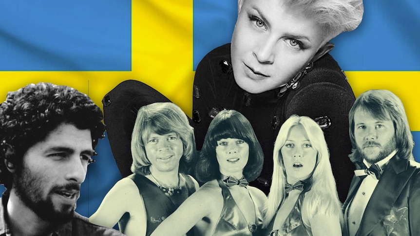 Jose Gonzalez, ABBA, and Robyn superimposed on top of the Swedish flag.