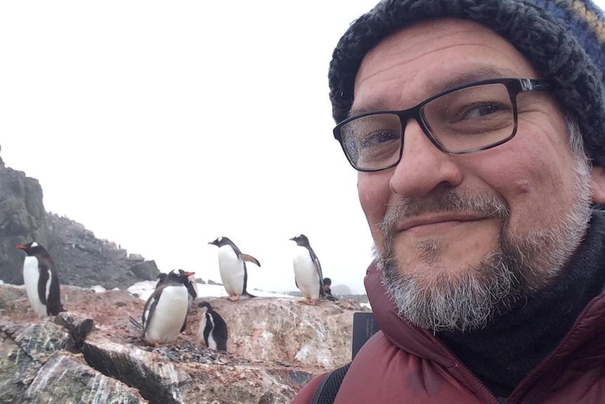 A bearded man with glasses takes a selfiie with small penguins on a rock ledge over his shoulder. 