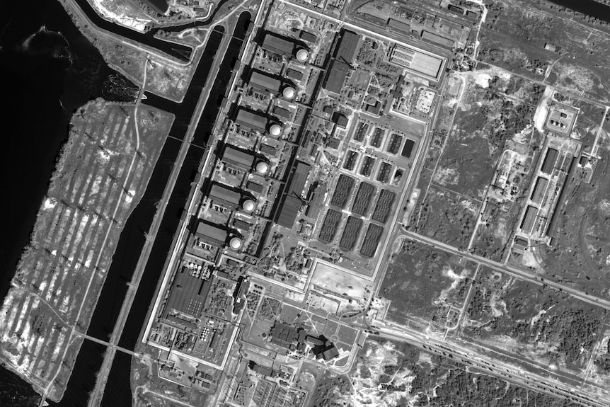 Aerial black and white view of the Zaporizhzhia Nuclear Power Plant.