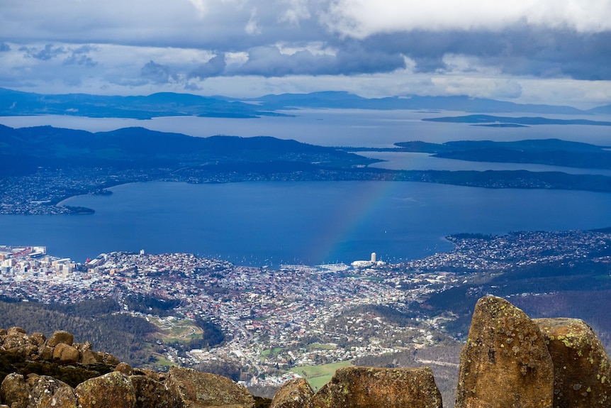 A view of Hobart from the top of a mountain.
