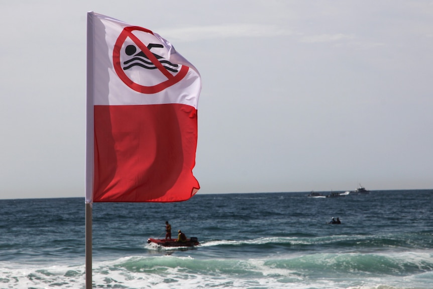 Image of no swimming flag in foreground with search rescues in background