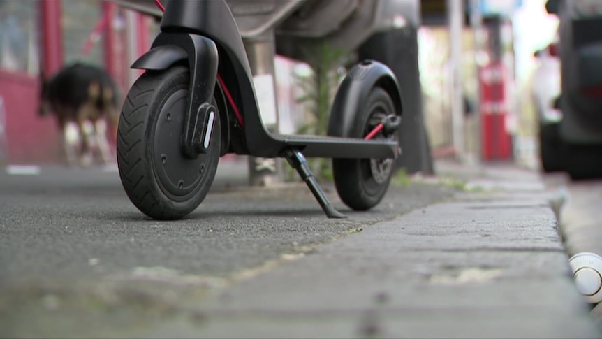 A close-up view of e-scooter wheels. 