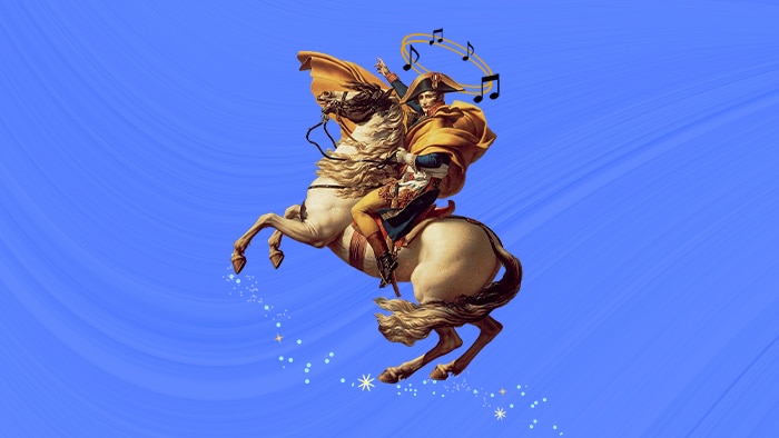Painting of Napoleon Bonaparte on a horse, with music notes above his head. The horse gallops along a row of cartoon stars.